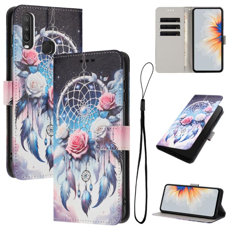 Leather-look phone case with black base, dreamcatcher and rose floral drawing, wallet slots, strap