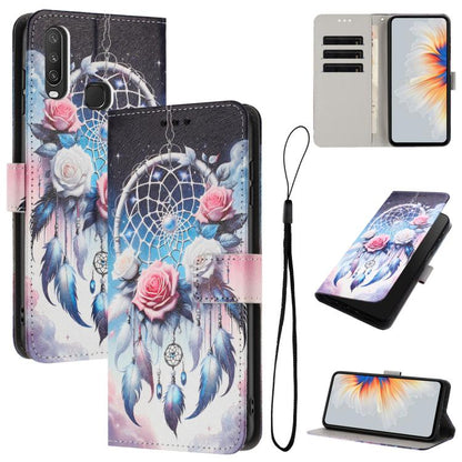 Leather-look phone case with black base, dreamcatcher and rose floral drawing, wallet slots, strap