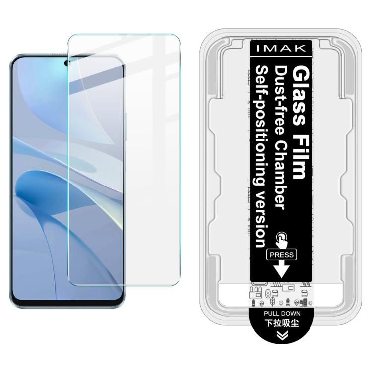 Tempered glass screen protector film with dust-free chamber locator guide card, shown on light blue phone