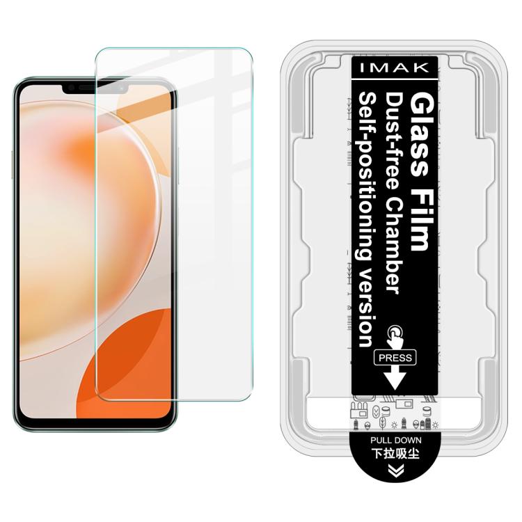 Tempered glass screen protector film with dust-free chamber locator guide card, shown on orange phone