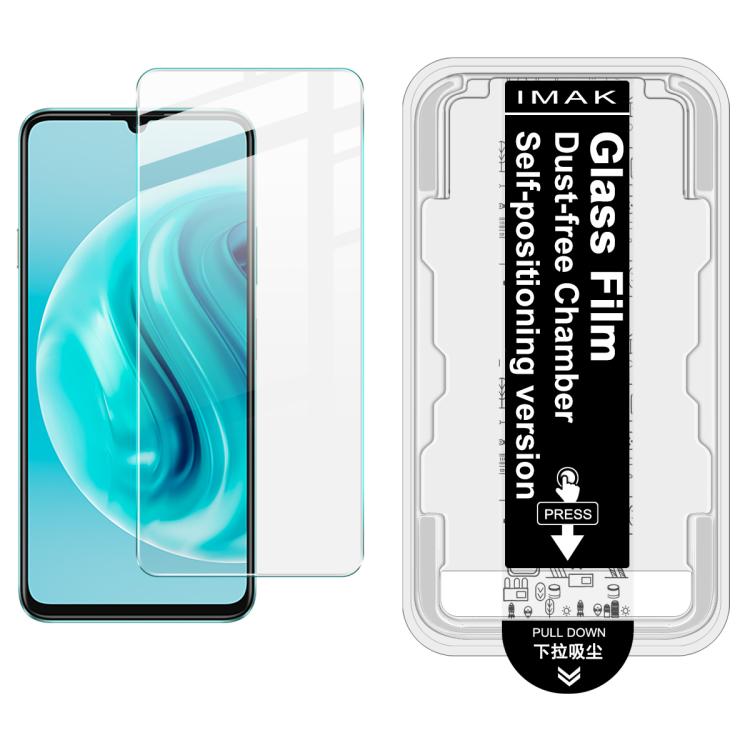 Tempered glass screen protector film with dust-free chamber locator guide card, shown on aqua phone