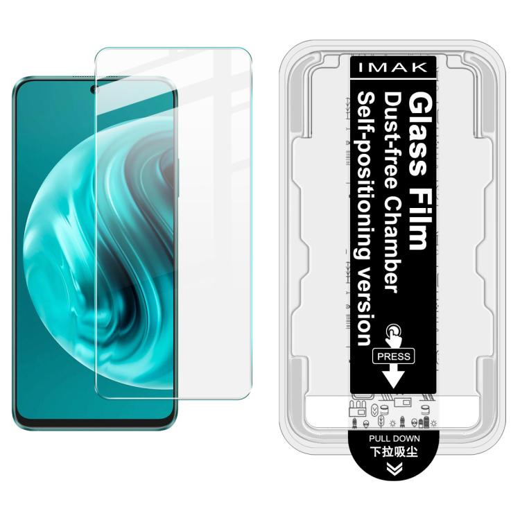 Tempered glass screen protector film with dust-free chamber locator guide card, shown on teal-blue phone