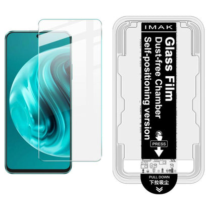 Tempered glass screen protector film with dust-free chamber locator guide card, shown on teal-blue phone