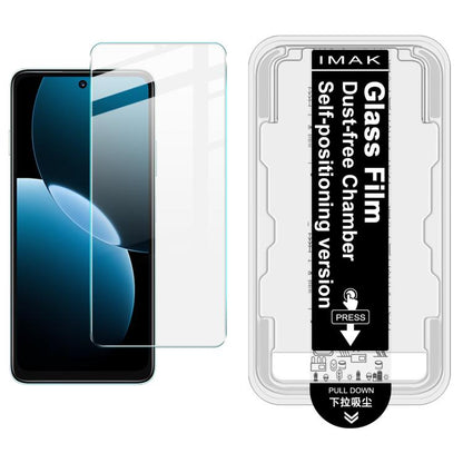 Tempered glass screen protector film with dust-free chamber locator guide card, shown on teal phone