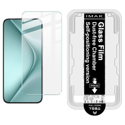 Tempered glass screen protector film with dust-free chamber locator guide card, shown on mint phone