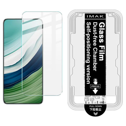 Tempered glass screen protector film with dust-free chamber locator guide card, shown on green-blue phone
