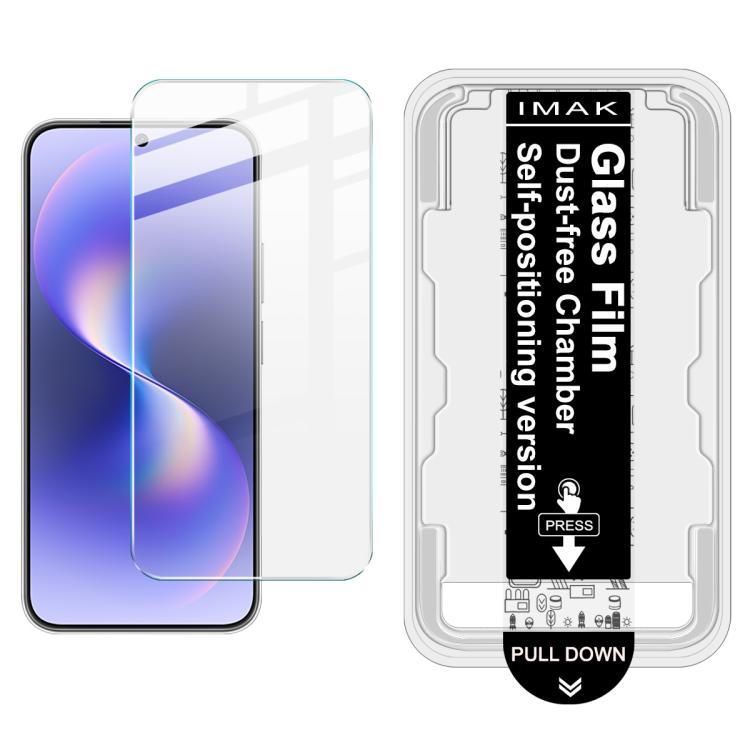 Tempered glass screen protector film installed on phone screen; installation guide with dust-free locator