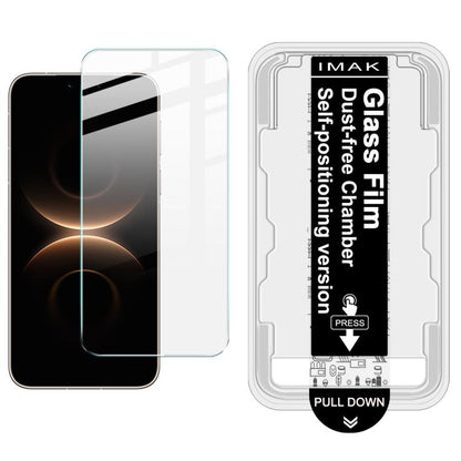 Tempered glass screen protector film installed on phone display; H series dust-free locator