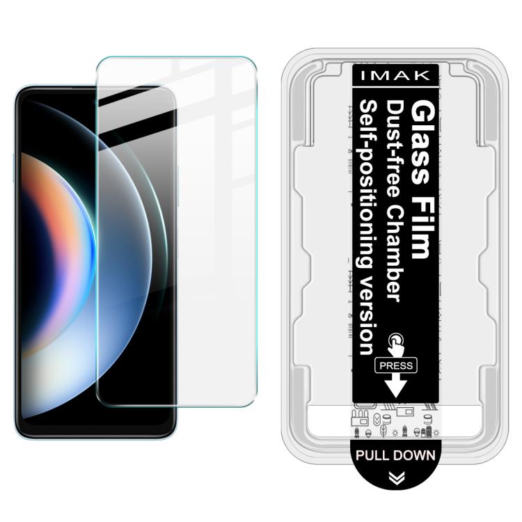 Tempered glass screen protector film installed on phone screen; dust-free chamber locator pack