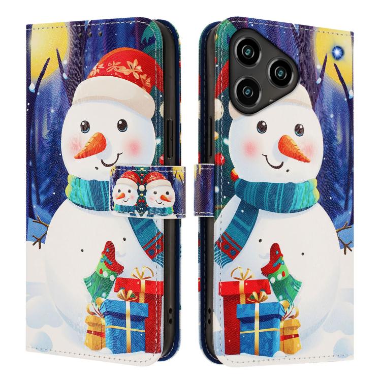 Buckle leather phone case with hand strap featuring snowman illustration on a blue background