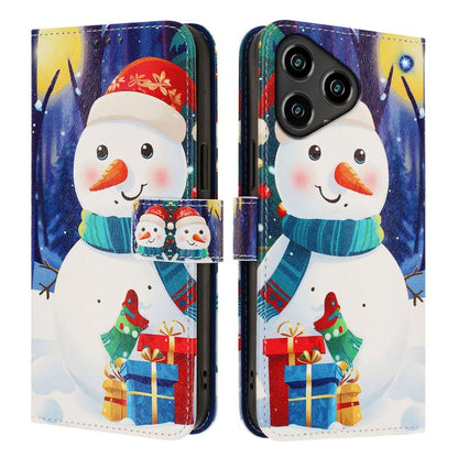 Buckle leather phone case with hand strap featuring snowman illustration on a blue background
