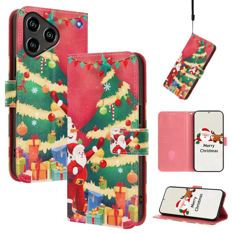 Christmas tree and gift print leather phone case with hand strap and flip cover