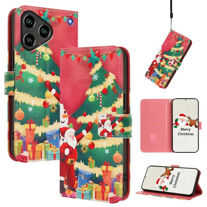 Christmas tree and gift print leather phone case with hand strap and flip cover