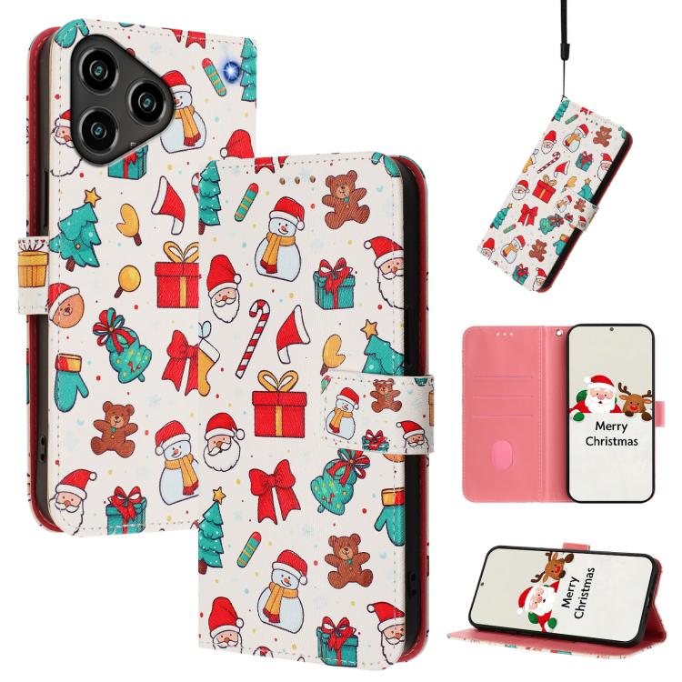 White Christmas character wallet phone case with hand strap, card slots, and flip cover