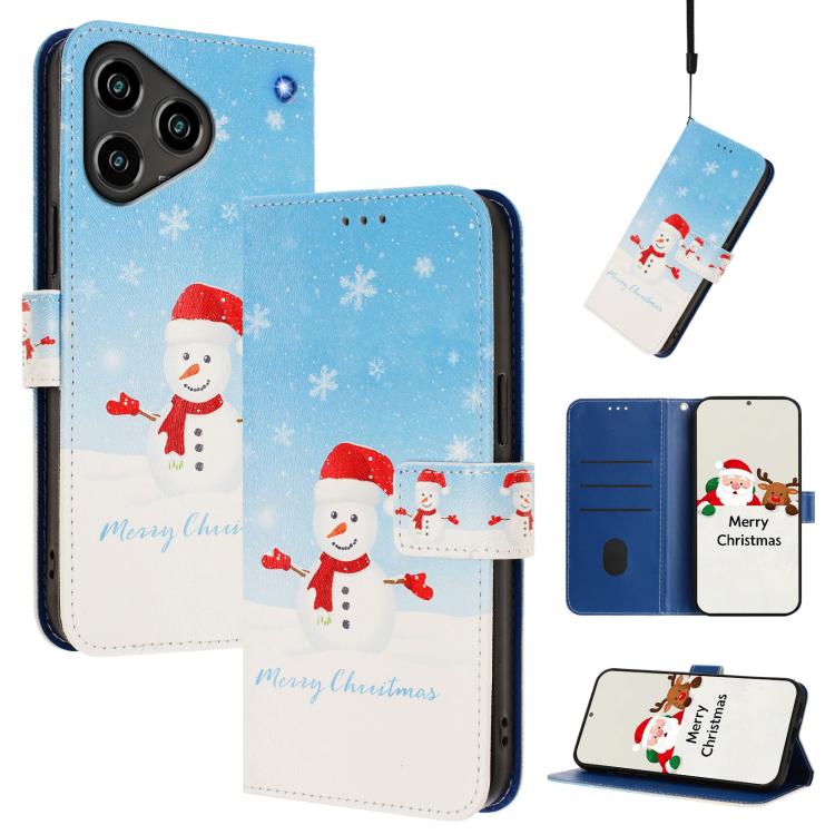 Blue snowflake Santa wallet phone case with hand strap, card slots, and flip cover