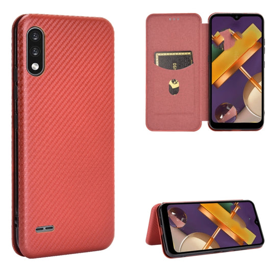 Brown carbon-fiber textured magnetic flip phone case with card slot and stand