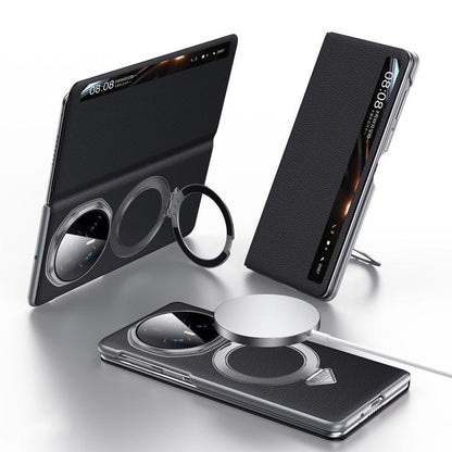 Black leather MagSafe phone case with smart view window and magnetic stand ring