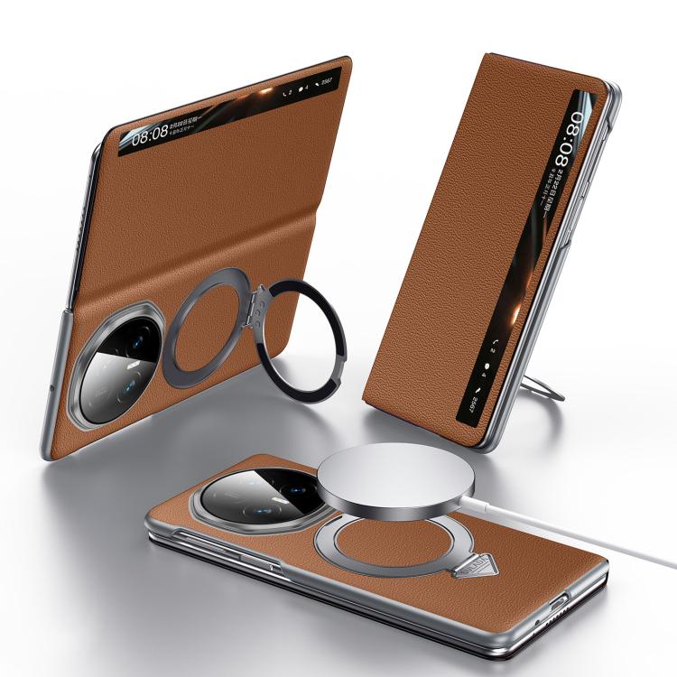 Brown MagSafe wallet phone case with smart view window and foldout ring stand