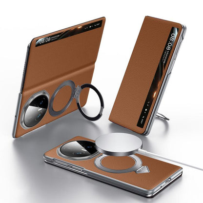 Brown MagSafe wallet phone case with smart view window and foldout ring stand