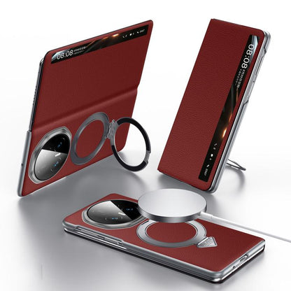 Red leather MagSafe phone case with smart view window and magnetic ring holder