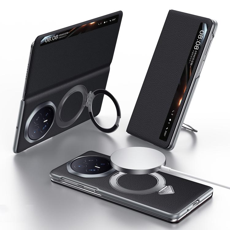 Black leather phone case with MagSafe magnetic circular ring holder and flip cover