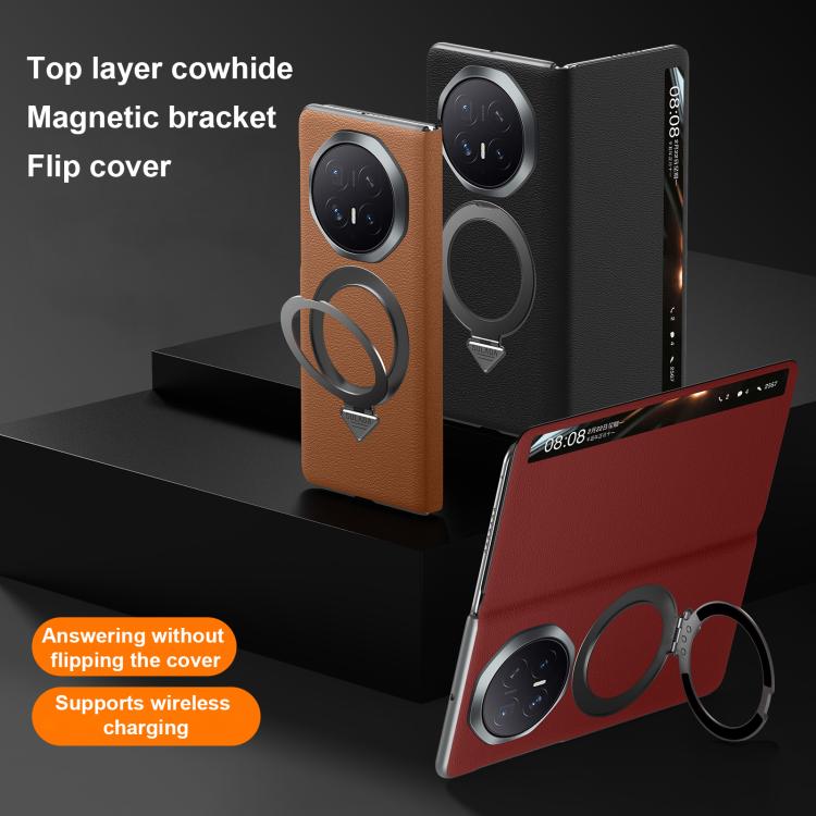 Cowhide flip phone case with magnetic bracket and circular ring holder, shown in black and brown
