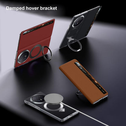 Leather phone case with ring holder stand and viewing window, shown in red and brown