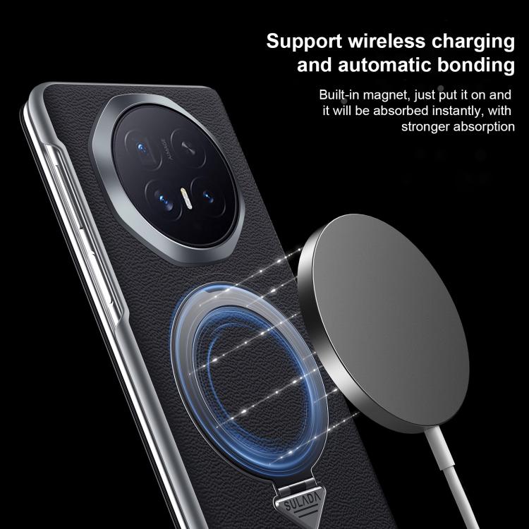 Black leather phone case with MagSafe magnet and wireless charging ring, flip cover