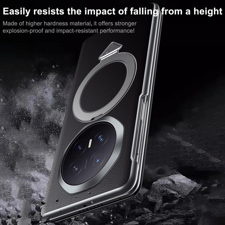Black leather phone case with dual magnetic ring holder and reinforced edges