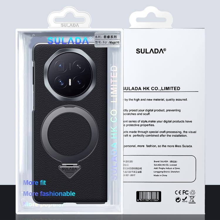 Retail packaging for black leather phone case with MagSafe ring holder