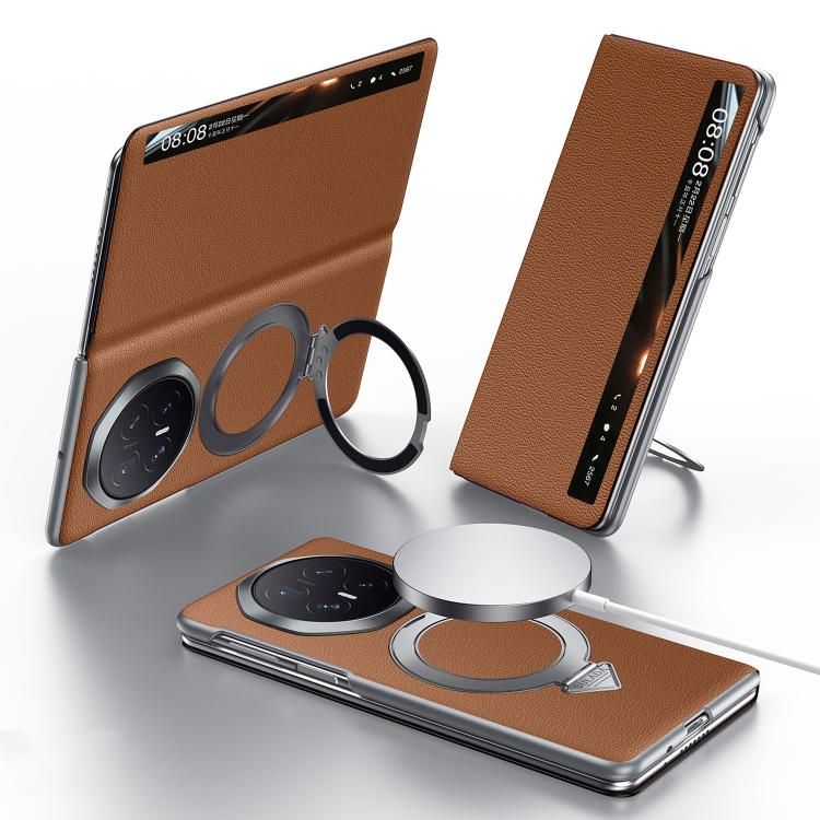 Brown leather MagSafe phone case with smart view window and magnetic stand ring