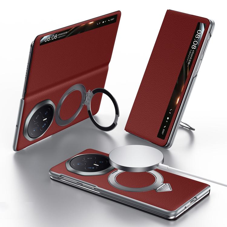 Red leather MagSafe phone case with smart view window and magnetic stand ring