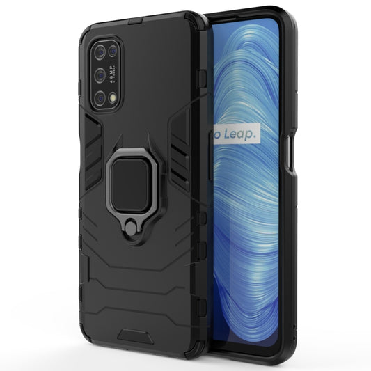 Black shockproof phone case with magnetic ring holder, raised camera and screen edges