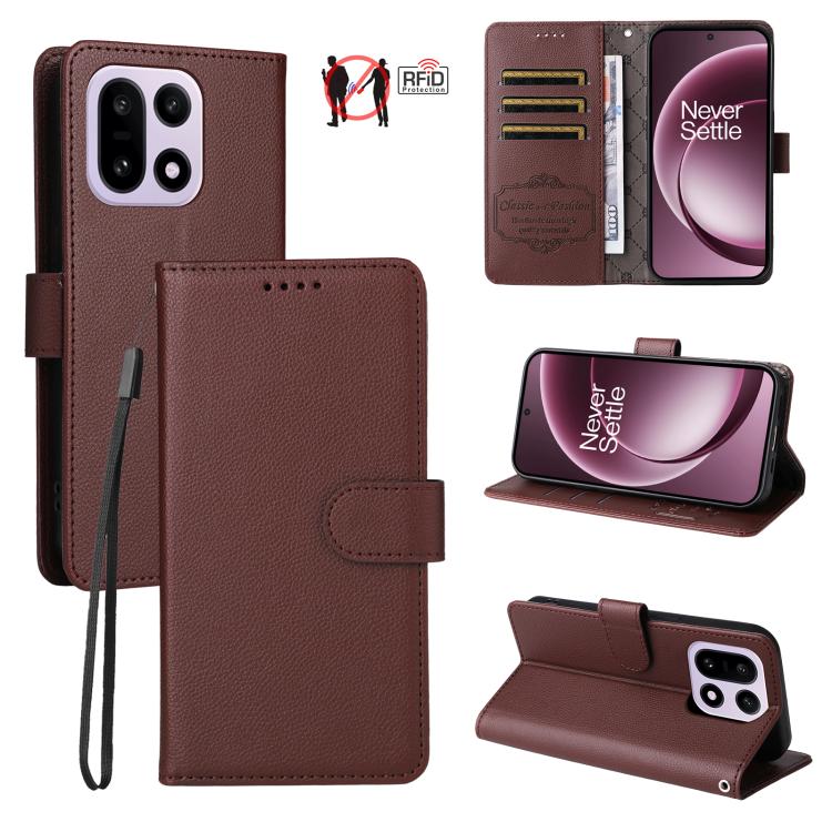 Litchi Texture RFID Blocking 3-Card Wallet Leather Phone Case, For OnePlus Turbo 6V / Turbo 6, For OnePlus Ace 6 / 15R, For OnePlus 15, For OnePlus Nord 5 5G / Ace 5 Ultra, For OnePlus Nord CE5 5G / Ace 5 Racing