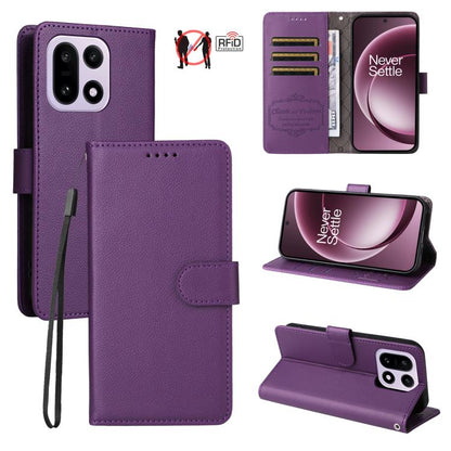 Litchi Texture RFID Blocking 3-Card Wallet Leather Phone Case, For OnePlus Turbo 6V / Turbo 6, For OnePlus Ace 6 / 15R, For OnePlus 15, For OnePlus Nord 5 5G / Ace 5 Ultra, For OnePlus Nord CE5 5G / Ace 5 Racing