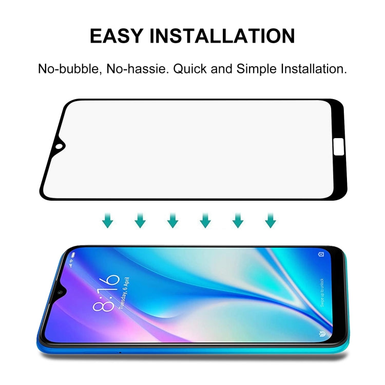 Full screen tempered glass protector showing installation guide with no-bubble fit