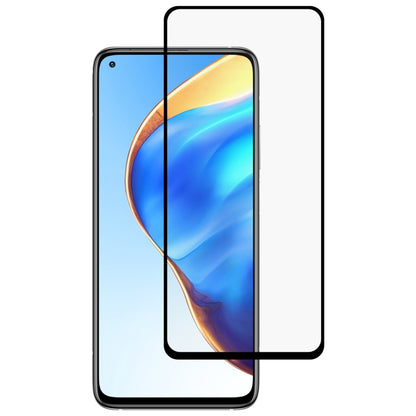 Full-glue tempered glass screen protector with black border, rounded edges, camera cutout