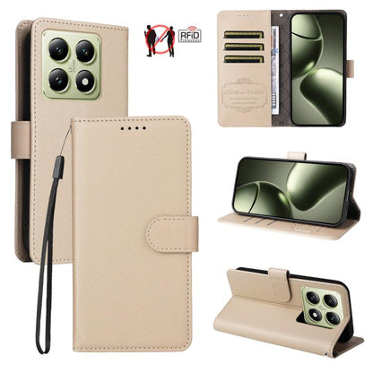 Beige litchi-texture RFID blocking 3-card wallet phone case with magnetic flip