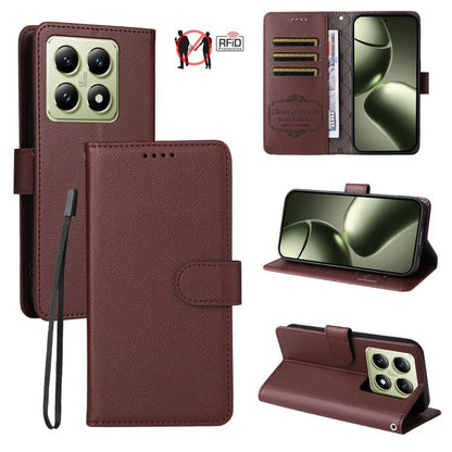 Brown litchi-texture RFID blocking 3-card wallet phone case with magnetic flip