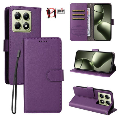 Purple litchi-texture RFID blocking 3-card wallet phone case with magnetic flip