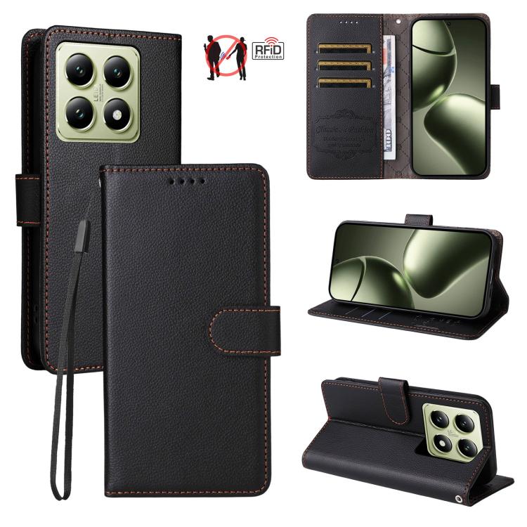 Black litchi-texture RFID wallet phone case with card slots, strap, and kickstand