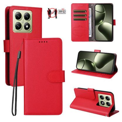 Red litchi-texture RFID wallet phone case with 3-card slots and kickstand