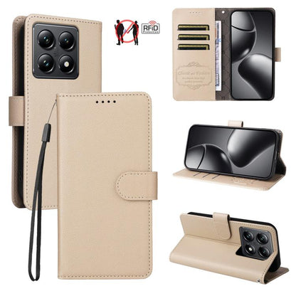 Beige folio wallet phone case in textured leather with card slots and viewing stand.