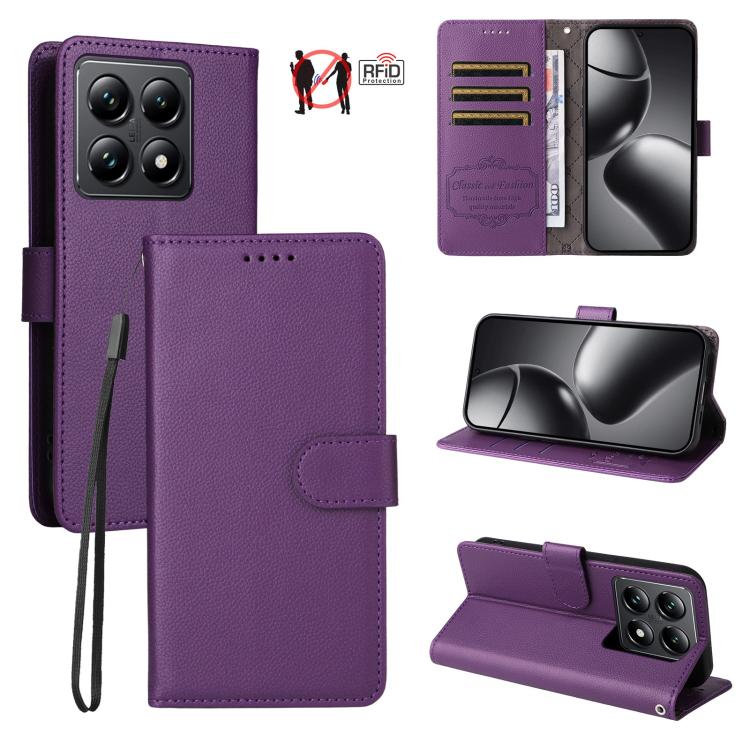 Purple folio wallet phone case in textured leather with card slots and viewing stand.