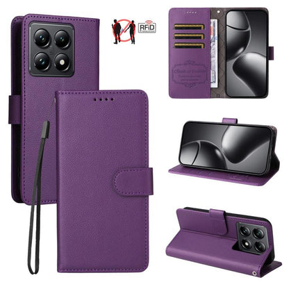 Purple folio wallet phone case in textured leather with card slots and viewing stand.