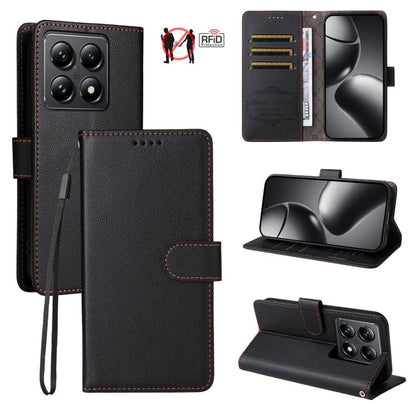 Black litchi-texture RFID blocking 3-card wallet phone case with magnetic flip