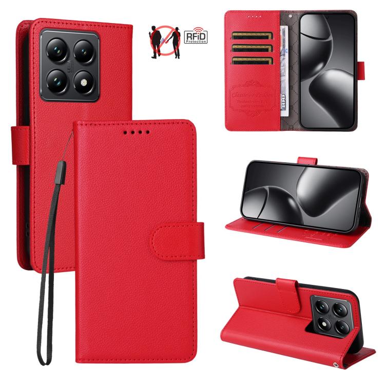 Red litchi-texture RFID blocking 3-card wallet phone case with magnetic flip