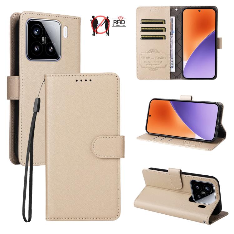 Beige litchi-textured leather wallet phone case with 3 card slots and flip stand.