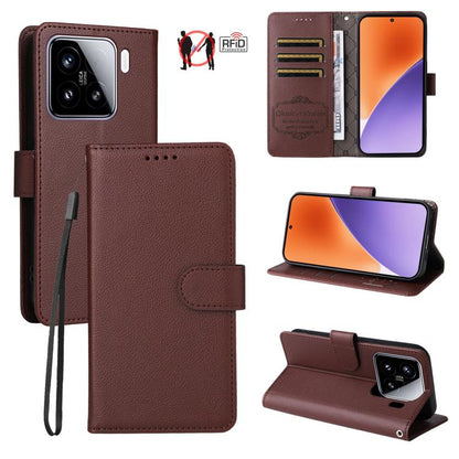 Brown litchi-textured leather wallet phone case with 3 card slots and folio stand.