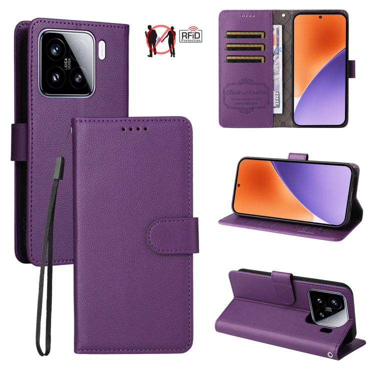 Purple litchi-textured leather wallet phone case with 3 card slots and flip stand.